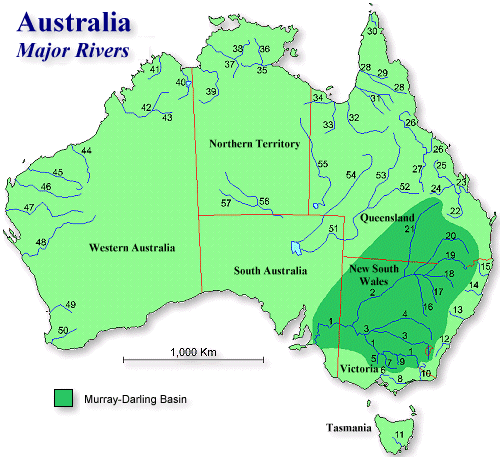 A map of australia showing the major rivers with state boundaries shown and the Murray-Darling basin highlighted
